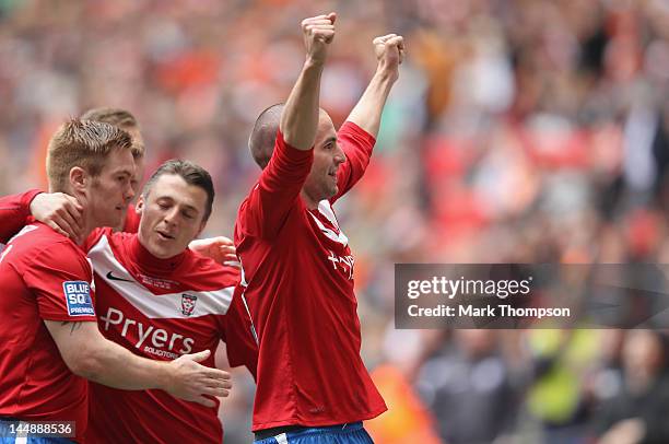 Matty Blair of York City celebrates his goal during the Blue Square Bet Premier League Play Off Final between Luton Town and York City, at Wembley...