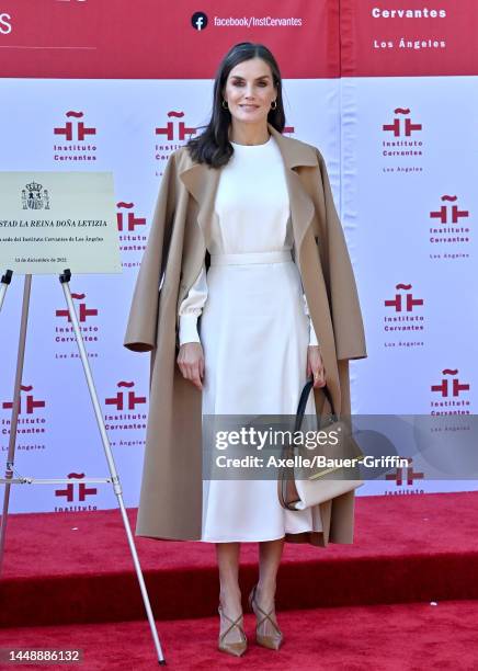 Queen Letizia of Spain attends the Inauguration and plaque unveiling of the Instituto Cervantes in Los Angeles on December 13, 2022 in Los Angeles,...