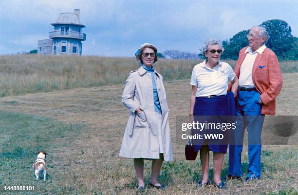Janet Auchincloss, Catherine Warren, and Hugh Auchincloss watch production of "The Great Gatsby" in Newport, Rhode Island, on June 27, 1973.
