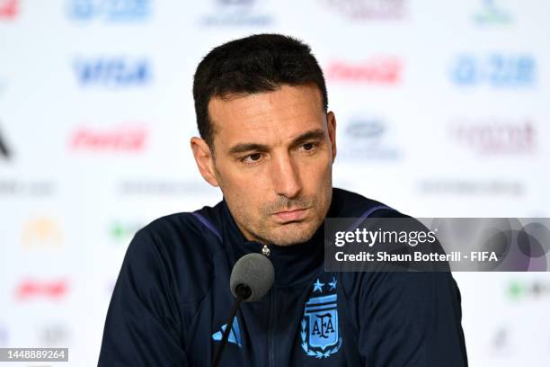 Lionel Scaloni, Head Coach of Argentina, attends the post match press conference after the 3-0 win during the FIFA World Cup Qatar 2022 semi final...