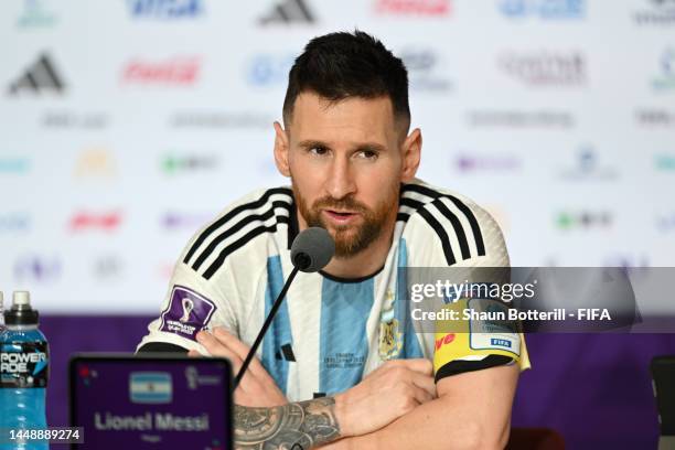 Lionel Messi of Argentina attends the post match press conference after the 3-0 win during the FIFA World Cup Qatar 2022 semi final match between...