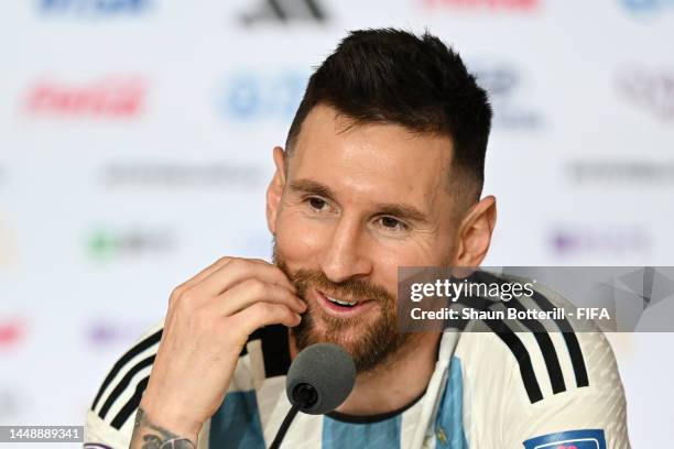 Lionel Messi of Argentina attends the post match press conference after the 3-0 win during the FIFA World Cup Qatar 2022 semi final match between...