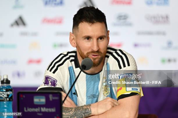 Lionel Messi of Argentina attends the post match press conference after the 3-0 win during the FIFA World Cup Qatar 2022 semi final match between...