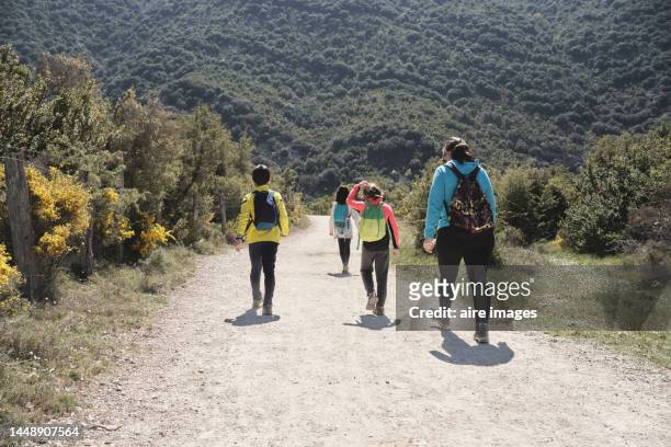 family walking along a path in the mountains on a sunny spring day back view - comunidad foral de navarra fotografías e imágenes de stock