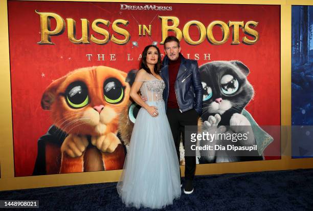 Salma Hayek Pinault and Antonio Banderas attend the "Puss In Boots: The Last Wish" World Premiere at Frederick P. Rose Hall, Jazz at Lincoln Center...