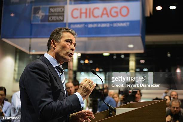 Secretary General Anders Fogh Rasmussen gives a news conference to address the pull out in Afghanistan during the NATO Summit at McCormick Place on...