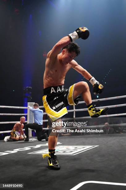 Naoya Inoue of Japan poses after the technical knock out victory over Paul Butler of Great Britain in the IBF, WBA, WBC and WBO Bantamweight Title...