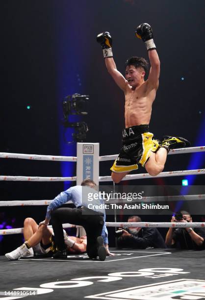 Naoya Inoue of Japan poses after the technical knock out victory over Paul Butler of Great Britain in the 11th round during the IBF, WBA, WBC and WBO...