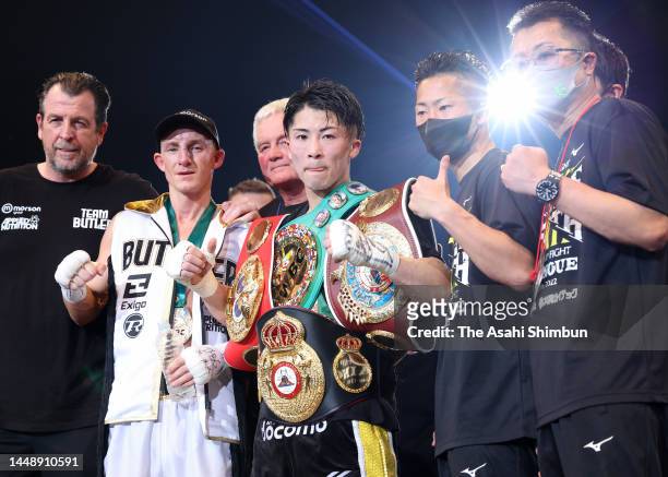 Naoya Inoue of Japan poses after his victory over Paul Butler of Great Britain in the IBF, WBA, WBC and WBO Bantamweight Title Bout at Ariake Arena...
