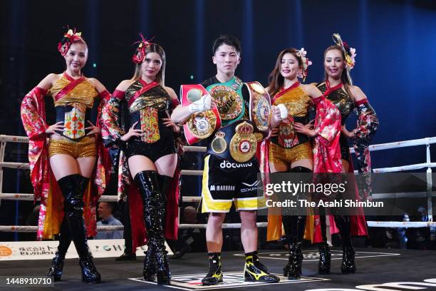 Naoya Inoue of Japan poses after the technical knock out victory over Paul Butler of Great Britain in the IBF, WBA, WBC and WBO Bantamweight Title...