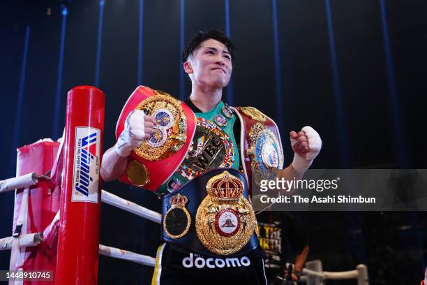 Naoya Inoue of Japan poses after the technical knock out victory over Paul Butler of Great Britain in the IBF, WBA, WBC and WBO Bantamweight Title...
