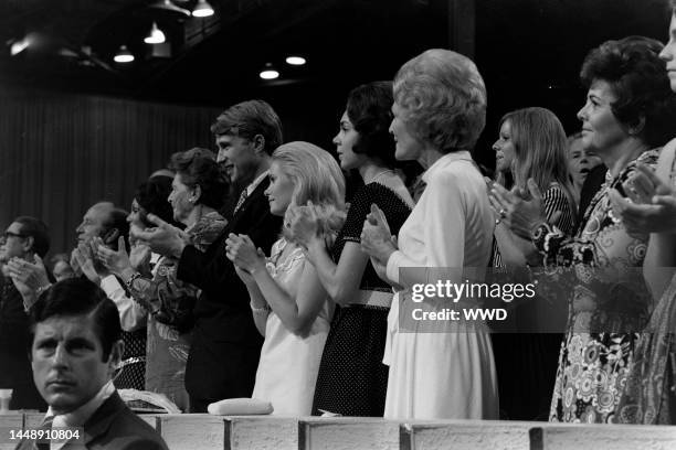 Edward Cox, Tricia Nixon Cox, Julie Nixon Eisenhower, Pat Nixon, guest, and Judy Agnew attend the 1972 Republican National Convention in Miami,...