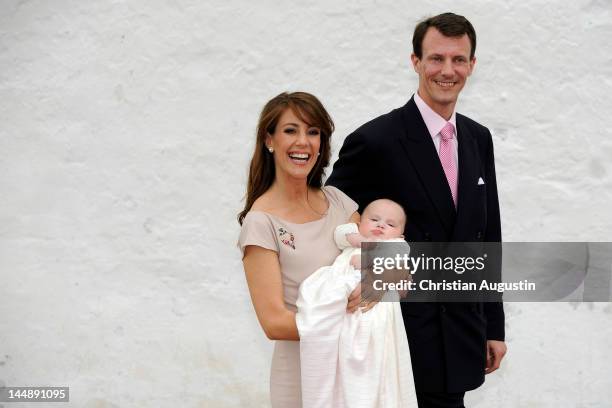 Princess Marie of Denmark, Prince Joachim of Denmark and Princess Athena of Denmark attend the christening of Princess Athena of Denmark at the...