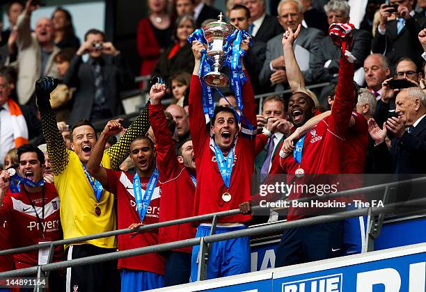 York captain Chris Smith lifts the trophy during Blue Square Bet Premier League Play Off Final between Luton Town and York City at Wembley Stadium on...
