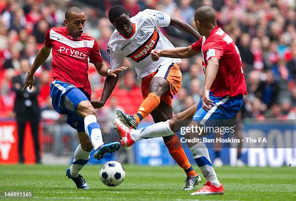Curtis Osano of Luton shoots on goal during Blue Square Bet Premier League Play Off Final between Luton Town and York City at Wembley Stadium on May...