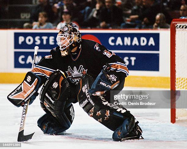 Olaf Kolzig of the Washington Capitals follows the action during a game against the Montreal Canadiens Circa 1999 at the Montreal Forum in Montreal,...