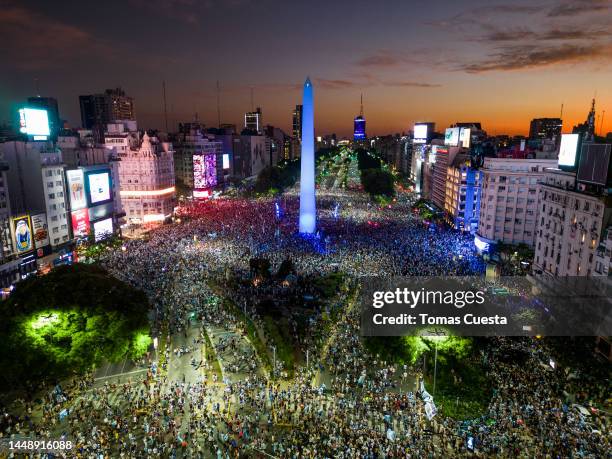 Aerial view as Argentine fans gather to celebrate at the Obelisk after their team's victory in the semi-final match of FIFA World Cup Qatar 2022...