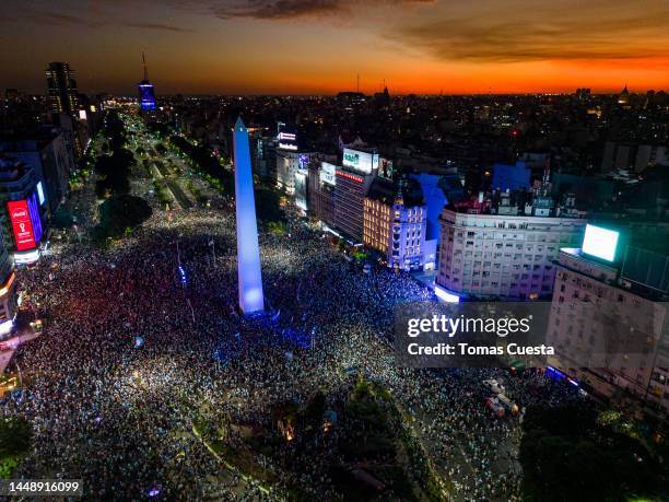 Aerial view as Argentine fans gather to celebrate at the Obelisk after their team's victory in the semi-final match of FIFA World Cup Qatar 2022...