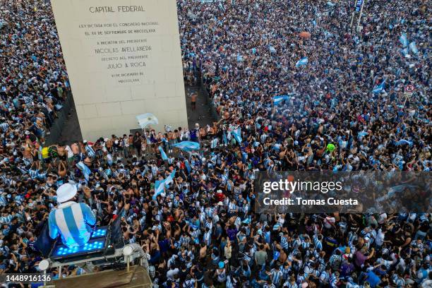 Aerial view as Argentine fans gather to celebrate at the Obelisk after their team's victory in the semi-final match of FIFA World Cup Qatar 2022...