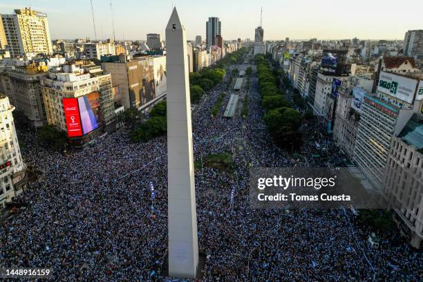 Aerial view as Argentine fans gather to celebrate at the Obelisk after their team's victory in the semi-final match of FIFA World Cup Qatar 2022...