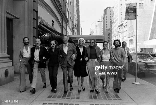 Designers Don Kline, Lee Bailey, Viola Sylbert, Dick Huebner, Ralph Lauren, Holly Harp, and Carlos Falchi and Bendel's president Geraldine Stutz pose...