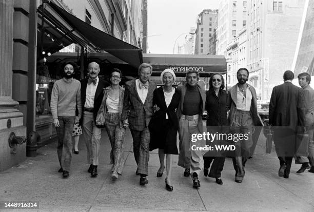 Designers Don Kline, Lee Bailey, Viola Sylbert, Dick Huebner, Ralph Lauren, Holly Harp, and Carlos Falchi and Bendel's president Geraldine Stutz pose...