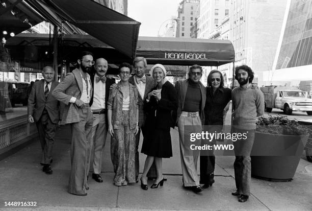 Designers Don Kline, Lee Bailey, Viola Sylbert, Dick Huebner, Ralph Lauren, Holly Harp, and Carlos Falchi and Bendel's president Geraldine Stutz pose...