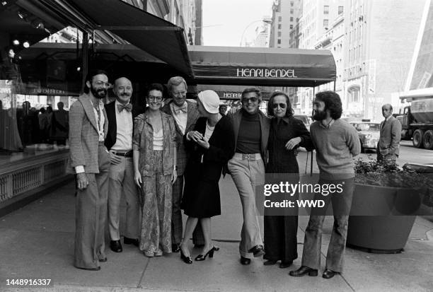 Designers Don Kline, Lee Bailey, Viola Sylbert, Dick Huebner, Ralph Lauren, Holly Harp, and Carlos Falchi and Bendel's president Geraldine Stutz pose...