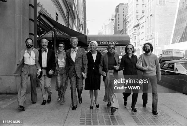 Designers Don Kline, Lee Bailey, Viola Sylbert, Dick Huebner, Ralph Lauren, Holly Harp, and Carlos Falchi and Bendel's president Geraldine Stutz pose...