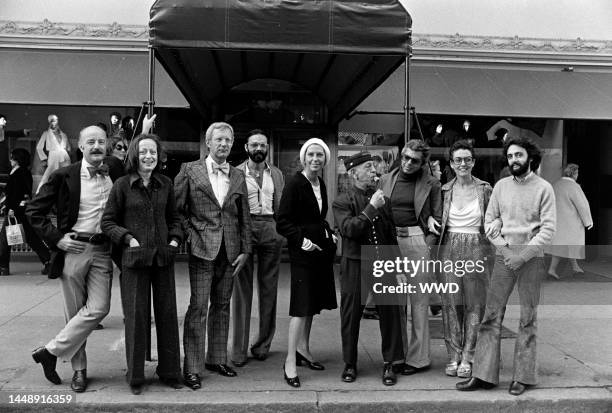 Designers Don Kline, Lee Bailey, Viola Sylbert, Dick Huebner, Ralph Lauren, Holly Harp, and Carlos Falchi and Bendel's president Geraldine Stutz pose...