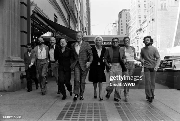 Designers Don Kline, Lee Bailey, Viola Sylbert, Dick Huebner, Ralph Lauren, Holly Harp, and Carlos Falchi and Bendel's president Geraldine Stutz pose...