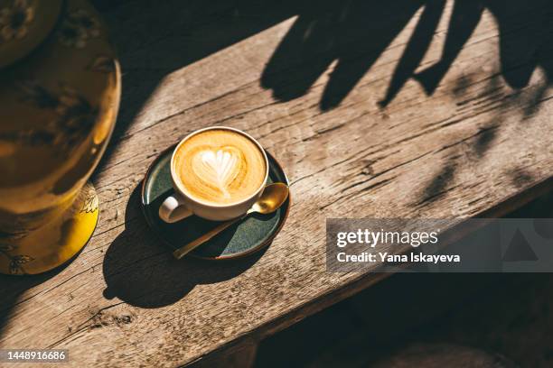 cup of aromatic morning cappuccino in ceramic mug - good morning breakfast fotografías e imágenes de stock