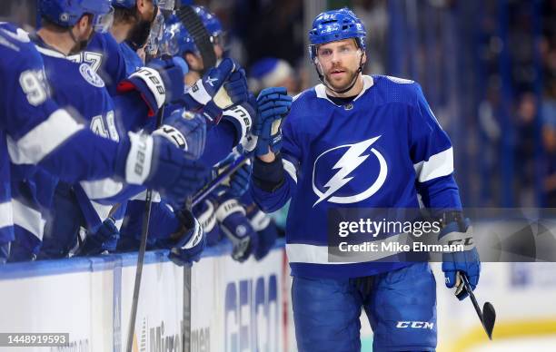 Erik Cernak of the Tampa Bay Lightning celebrates a goal during a game against the Seattle Kraken at Amalie Arena on December 13, 2022 in Tampa,...