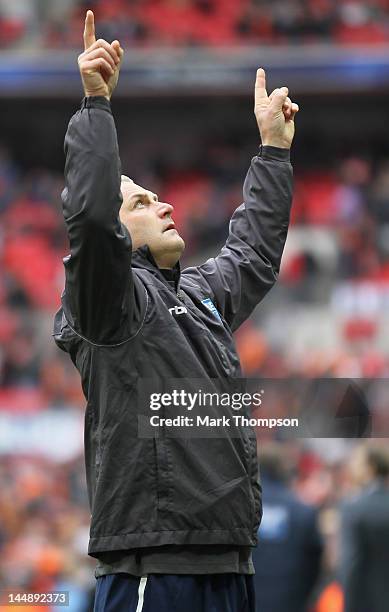 Gary Mills the manager of York City celebrates promotion to the football league during the Blue Square Bet Premier League Play Off Final at Wembley...