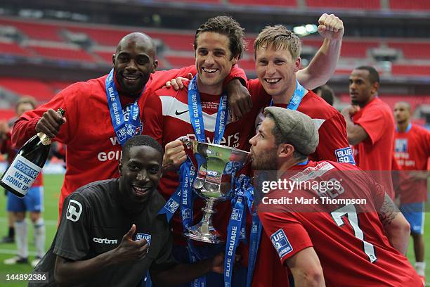 The players of of York City celebrate promotion to the football league during the Blue Square Bet Premier League Play Off Final at Wembley Stadium on...