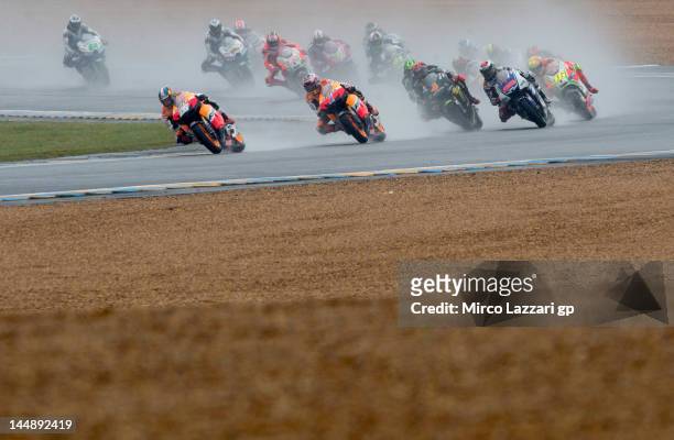 Dani Pedrosa of Spain and Repsol Honda Team leads the field during the French MotoGP race on May 20, 2012 in Le Mans, France.