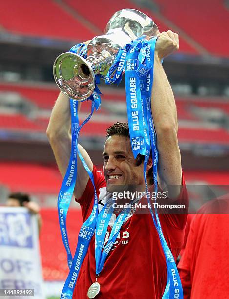 Chris Doig of York City celebrates promotion to the football league during the Blue Square Bet Premier League Play Off Final at Wembley Stadium on...