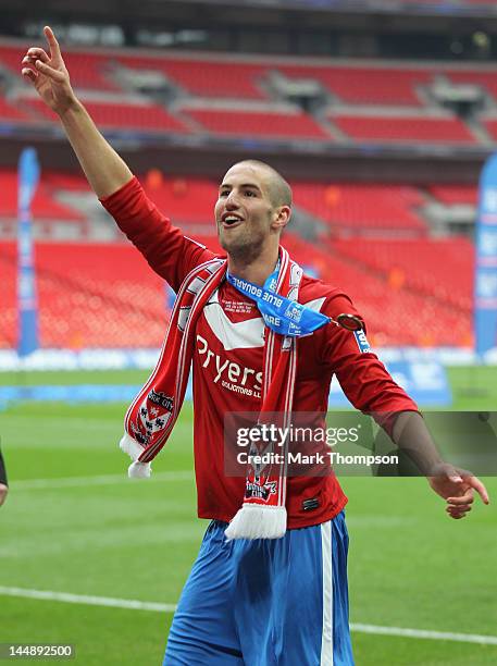 Matty Blair of York City celebrates promotion to the football league during the Blue Square Bet Premier League Play Off Final at Wembley Stadium on...