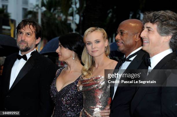 President of the Jury Nanni Nanni Moretti, jury members Diane Kruger, Hiam Abbass, Raoul Peck and Alexander Payne attends the "Amour" premiere during...