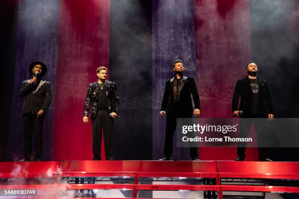 Simon Webbe, Lee Ryan, Duncan James and Antony Costa of Blue perform at The O2 Arena on December 13, 2022 in London, England.