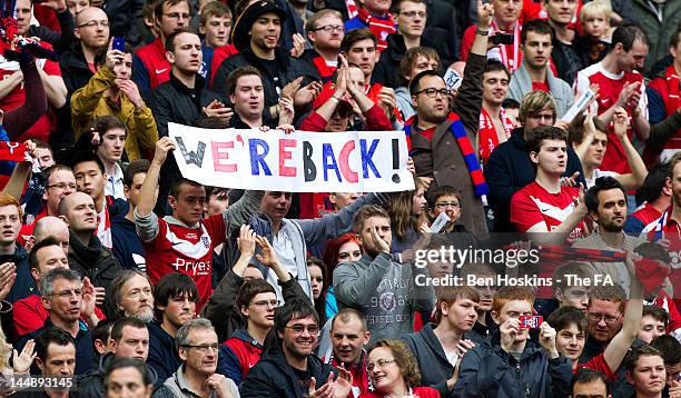 York fans celebrate after gaining promotion to the football league during Blue Square Bet Premier League Play Off Final between Luton Town and York...