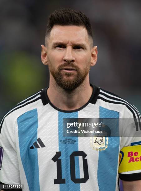 Lionel Messi of Argentina lines up before the FIFA World Cup Qatar 2022 semi final match between Argentina and Croatia at Lusail Stadium on December...