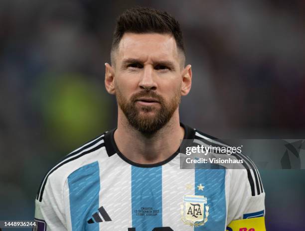 Lionel Messi of Argentina lines up before the FIFA World Cup Qatar 2022 semi final match between Argentina and Croatia at Lusail Stadium on December...