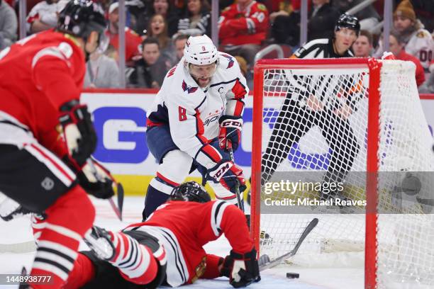 Alex Ovechkin of the Washington Capitals scores a goal against the Chicago Blackhawks, the 799th of his career, during the first period at United...