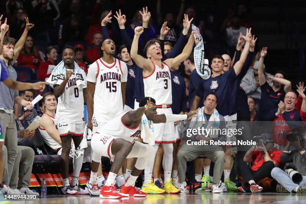 The Arizona Wildcats bench cheers during the second half of the NCAA basketball game against the Texas A&M-Corpus Christi Islanders at McKale Center...