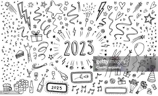 2023 sketch new years eve party celebration invite - doodles stock illustrations