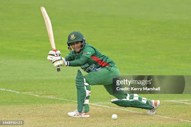 Lata Mondol of Bangladesh plays a shot during game two of the One Day International series between New Zealand and Bangladesh at McLean Park on...