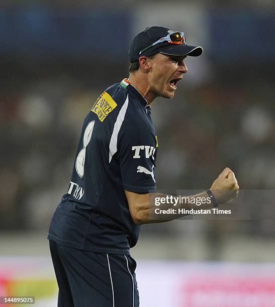 Deccan Chargers bowler Dale Steyn celebrates after their victory in IPL 5 T20 match played between Deccan Chargers and Royal Challengers Bangalore at...