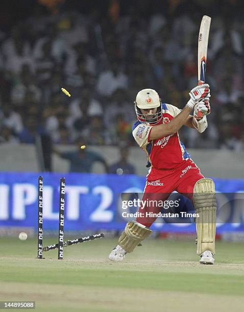 Royal Challengers Bangalore batsman Zaheer Khan got bold by Deccan Chargers bowler Dale Steyn during IPL 5 T20 match played between Deccan Chargers...