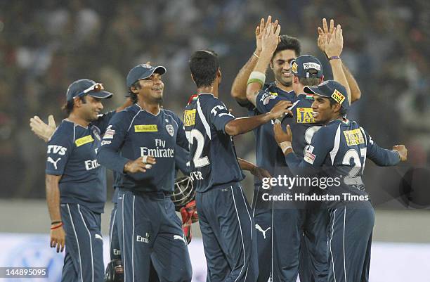 Deccan Chargers Captain Kumar Sangakkara & other players celebrate after their victory in IPL 5 T20 match played between Deccan Chargers and Royal...